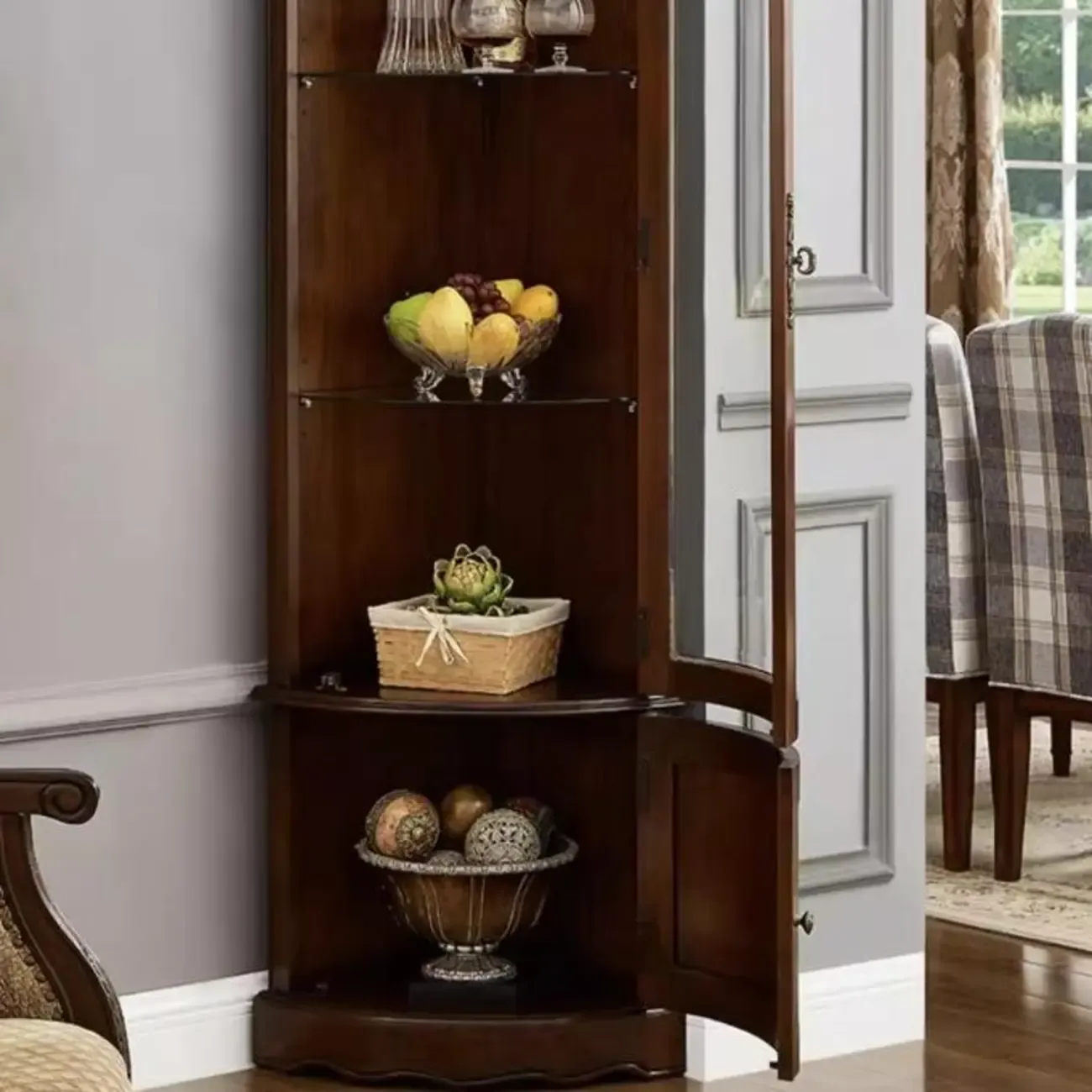 Classic Brown Rubberwood Corner Cabinet with Glass Door Image - 7