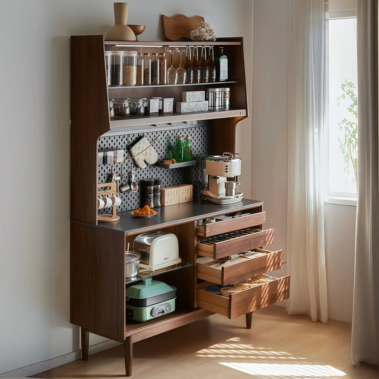 Trendy Wood Brown Slatted Doors Sideboard Pegboard Back Image - 1 | homeyfad