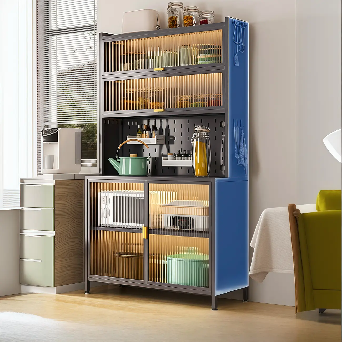 Modern Steel Multi-Shelf Sideboard with Pegboard Back Image - 9 | homeyfad