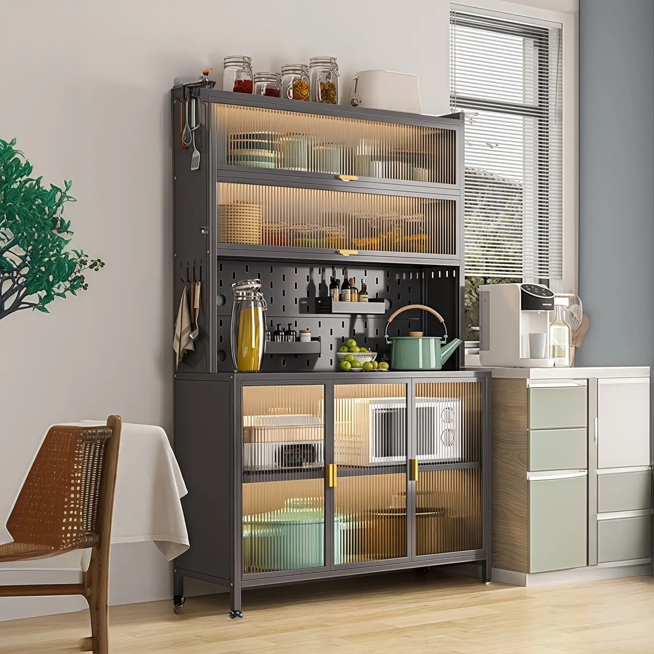 Modern Steel Multi-Shelf Sideboard with Pegboard Back Image - 4 | homeyfad