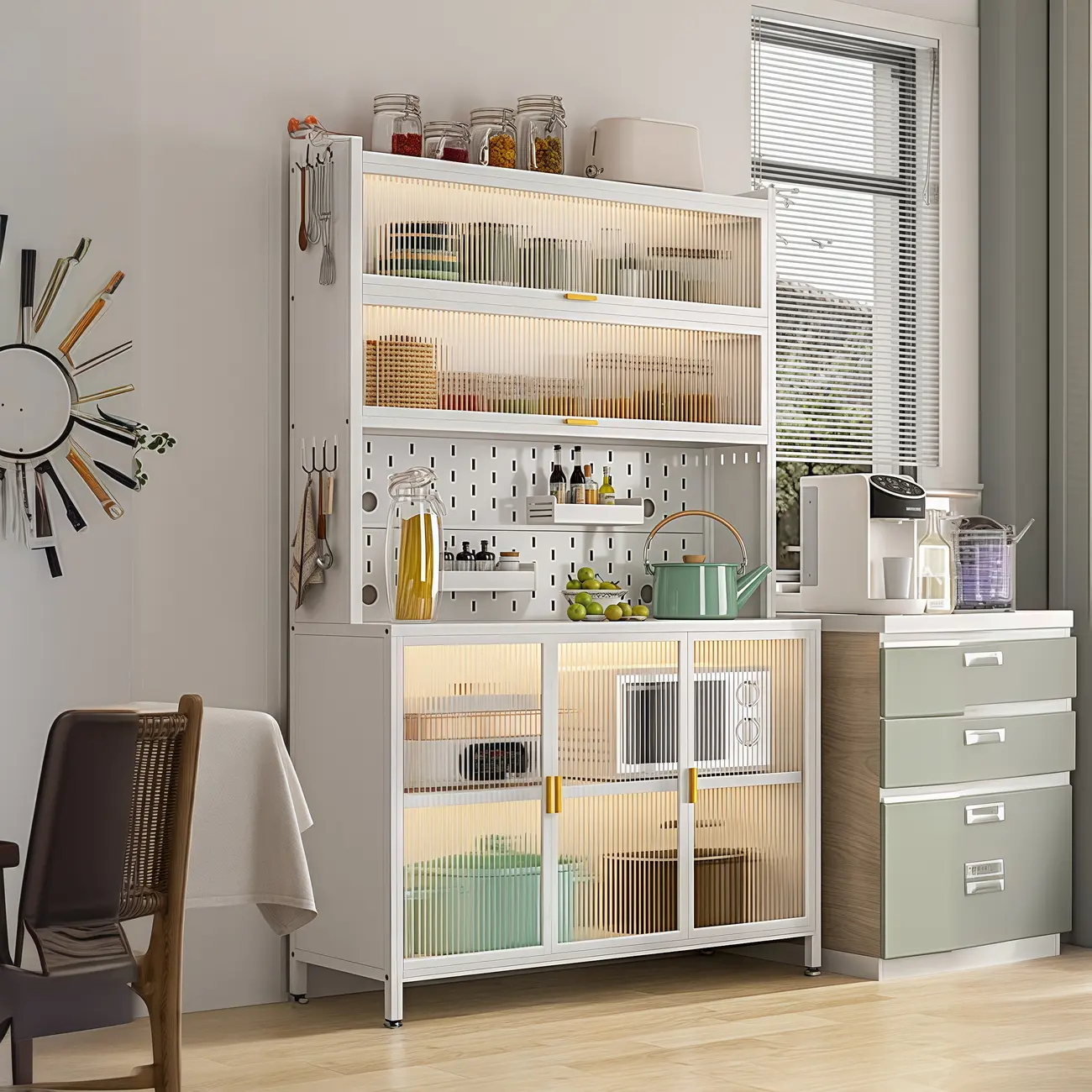 Modern Steel Multi-Shelf Sideboard with Pegboard Back Image - 2 | homeyfad
