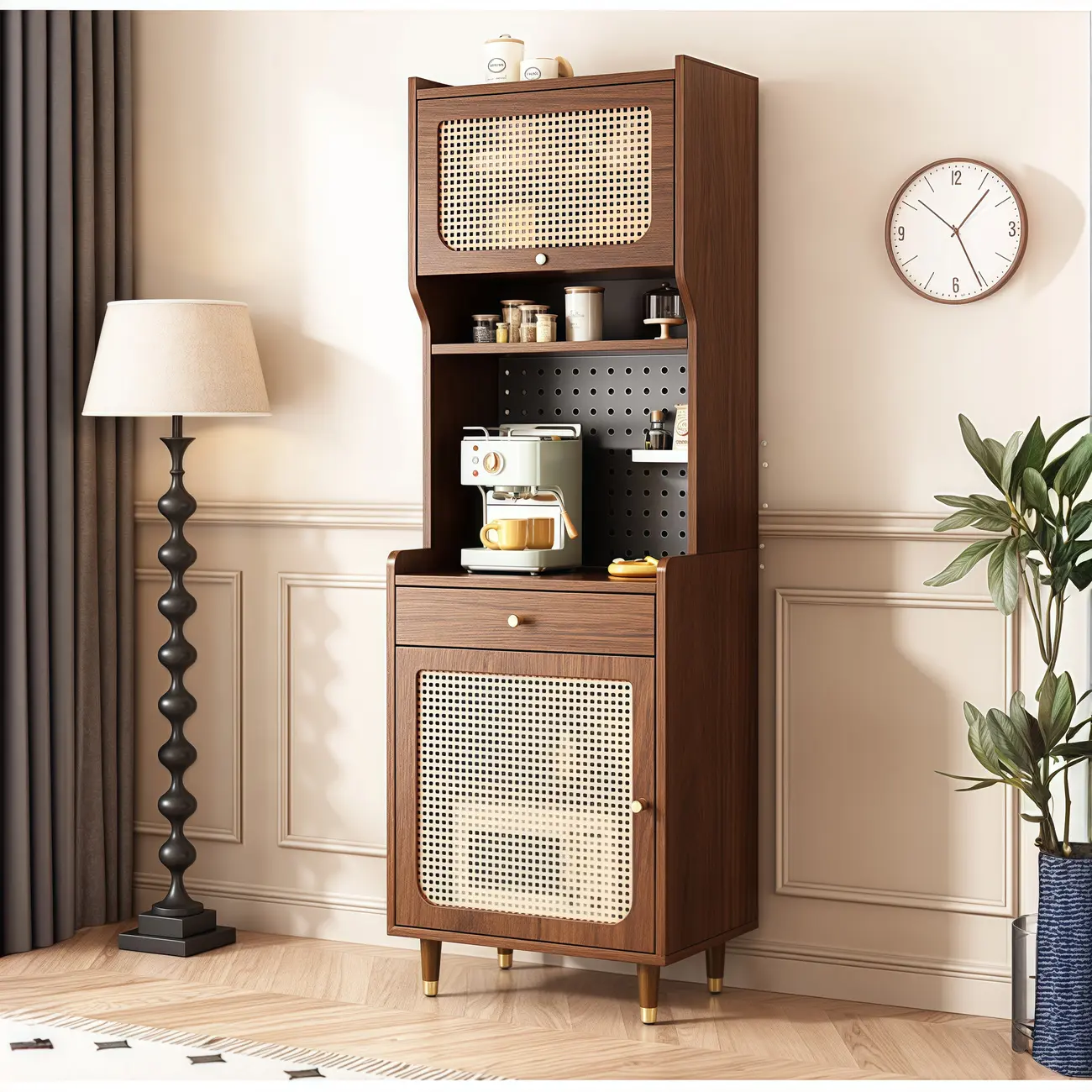 Walnut Wooden Pegboard Organization Sideboard Rattan Doors Image - 2 | homeyfad