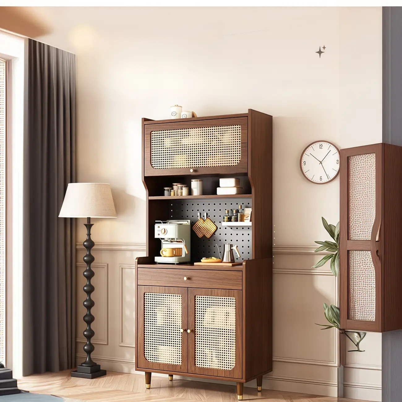 Walnut Wooden Pegboard Organization Sideboard Rattan Doors Image - 1