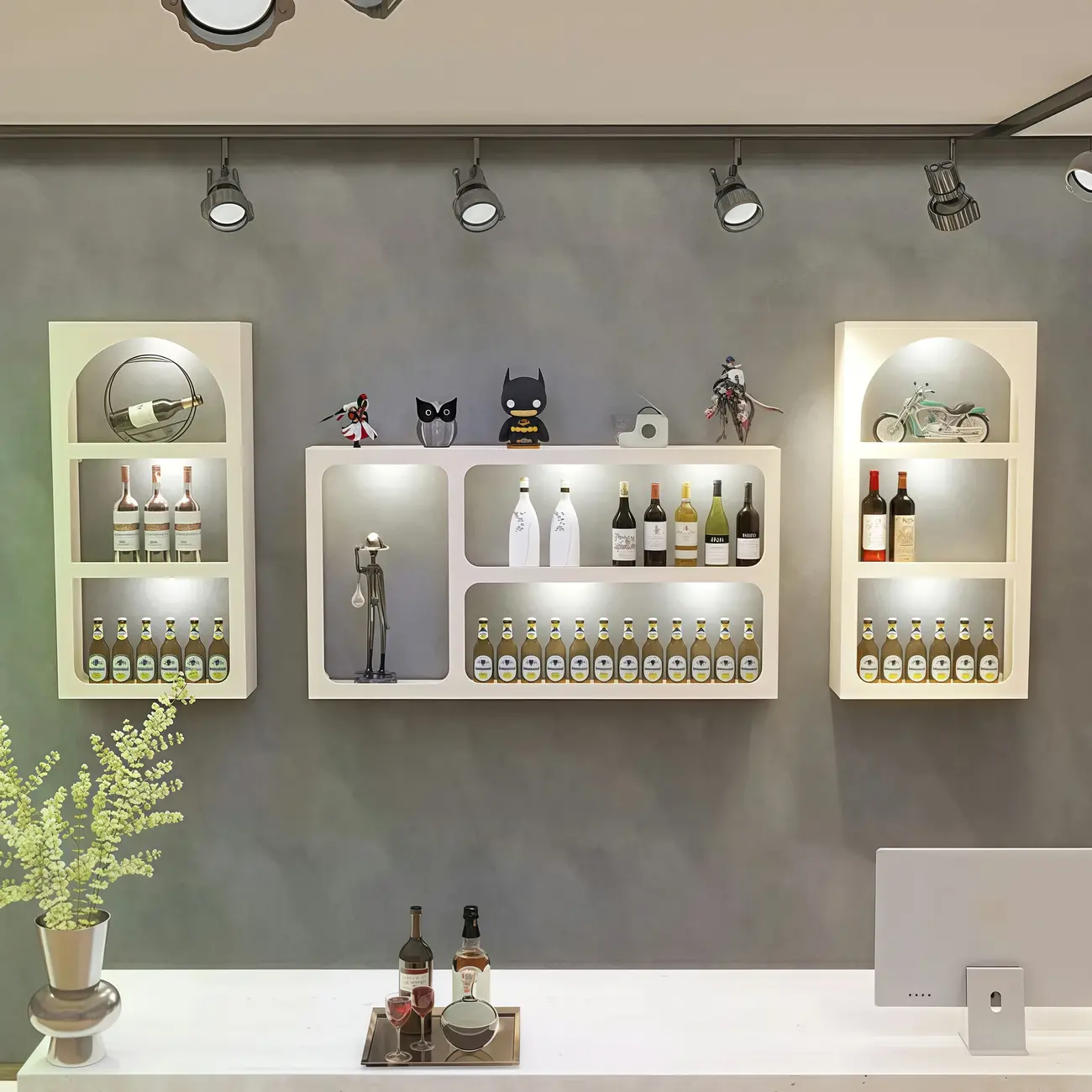 Geometric White Wall Mounted Metal Wine Rack with Lighting Image - 1 | homeyfad