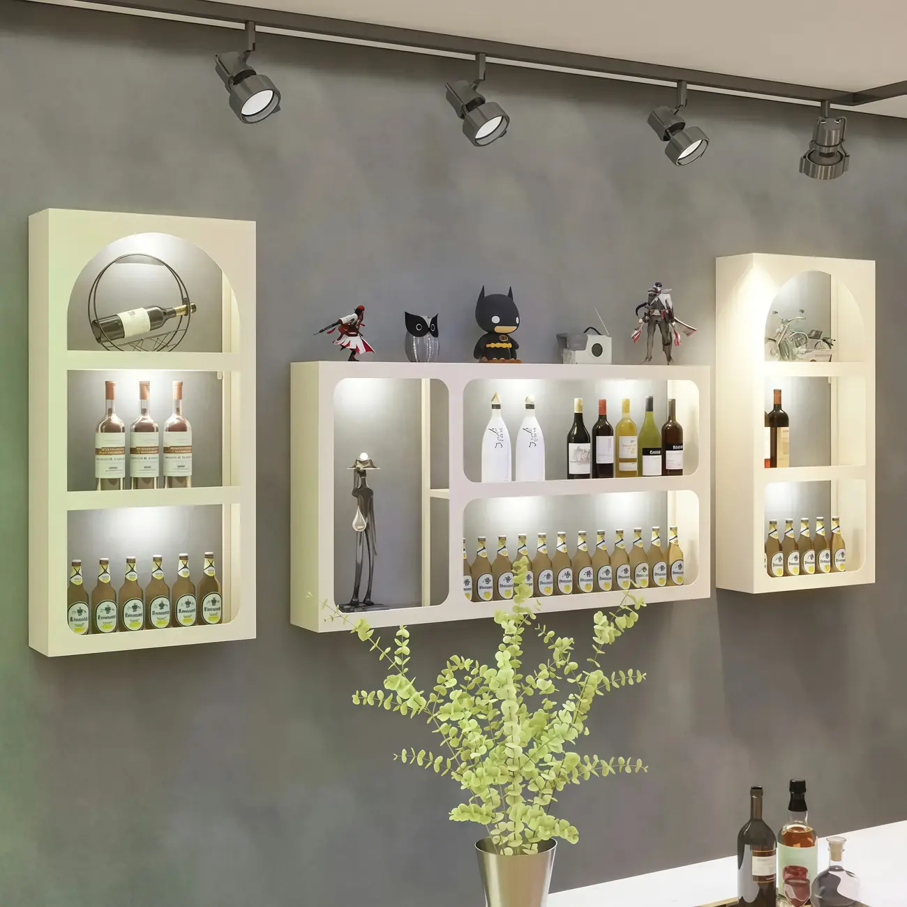 Geometric White Wall Mounted Metal Wine Rack with Lighting Image - 2 | homeyfad