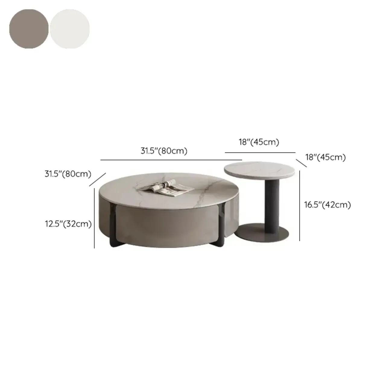 White Round Contemporary Drawer Round Wood Coffee Table #size