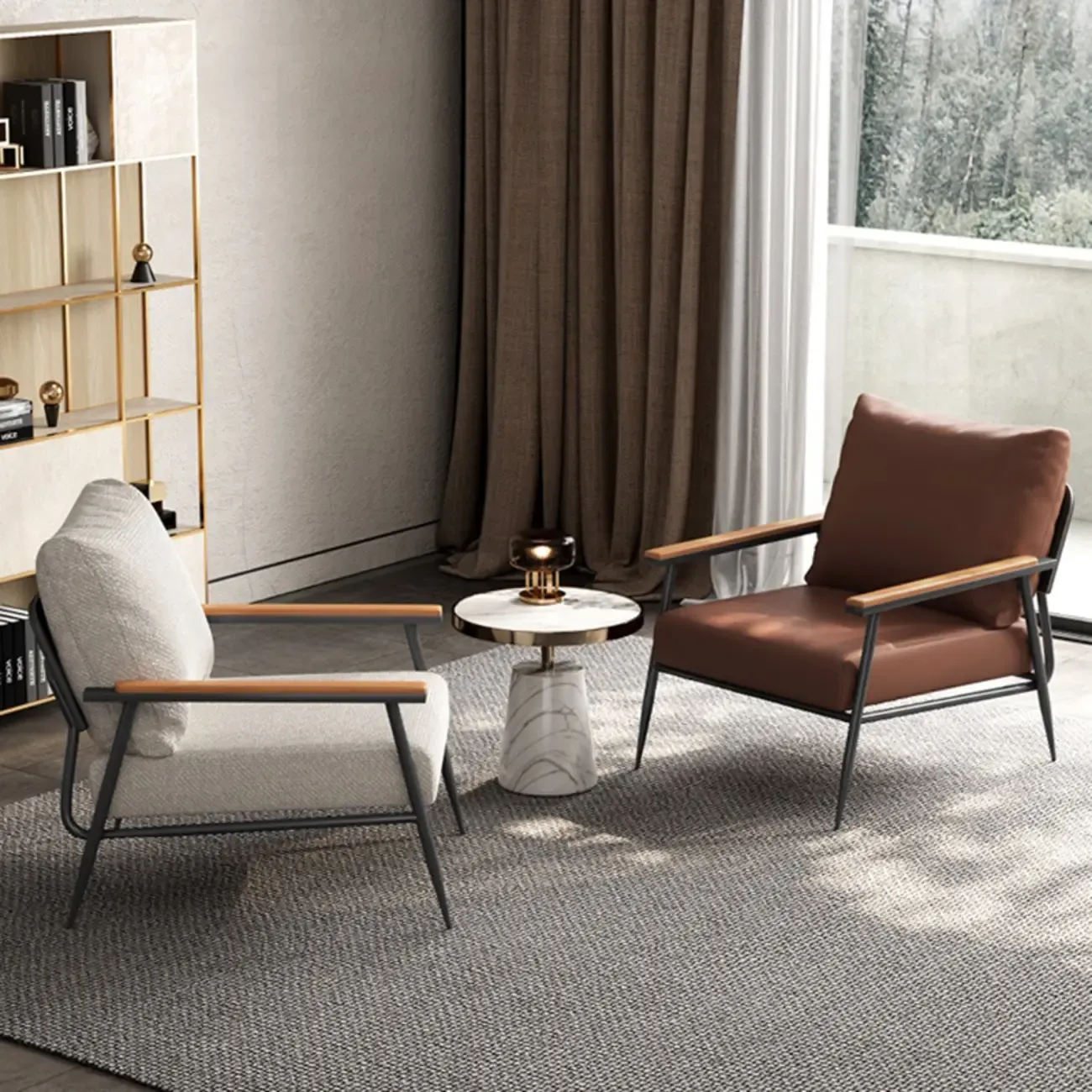 Elegant Fabric Accent Chair with Wooden Arms for Living Room Image - 5