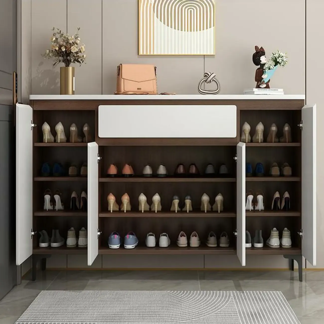 Contemporary White Wooden Shoe Cabinet for Entryway Image - 3