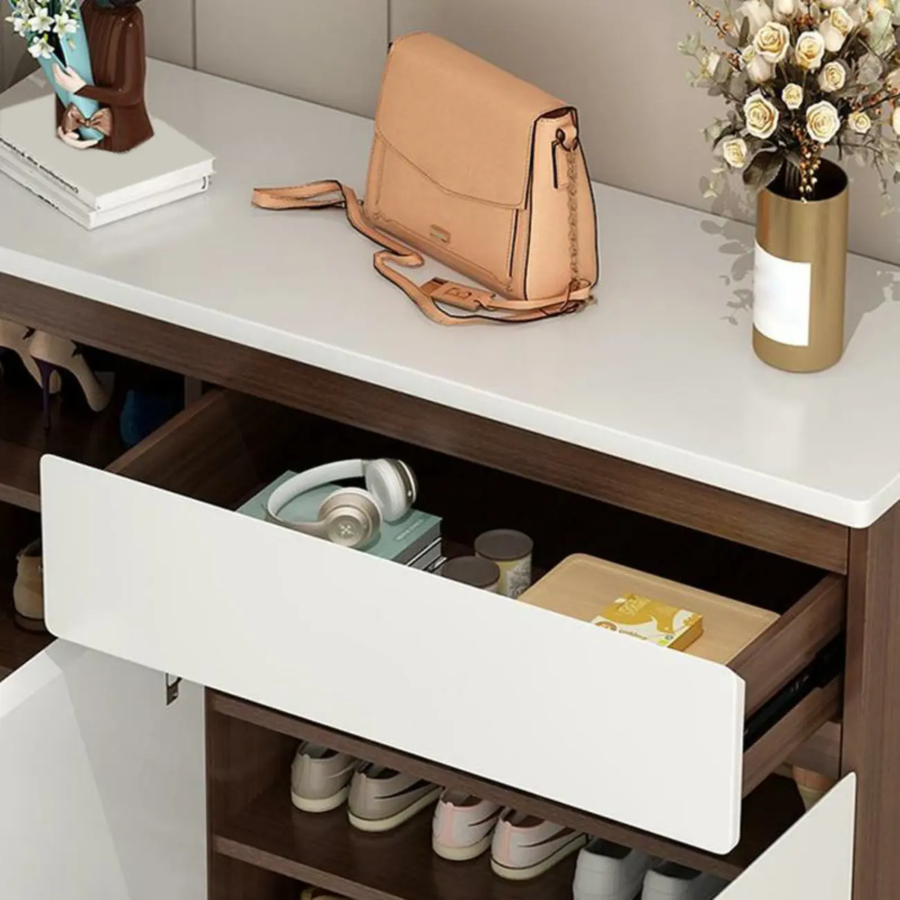 Contemporary White Wooden Shoe Cabinet for Entryway Image - 7 | homeyfad