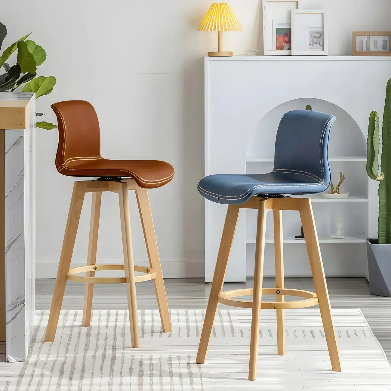 Modern Wooden Bar Stools with Cushioned Backrest for Kitchen Image - 3