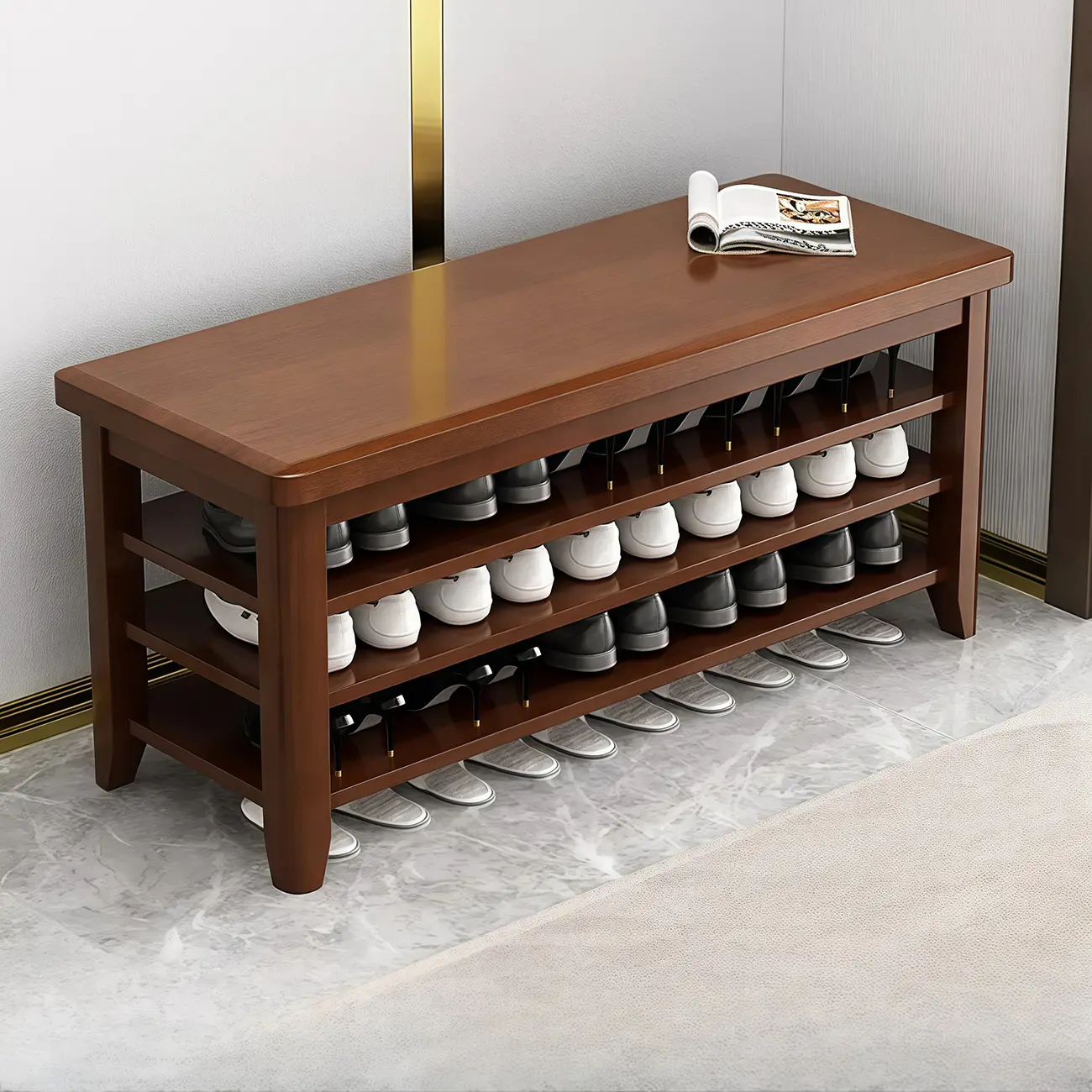 Scandinavian Rectangular Wood Entryway Shoe Bench with Shelf Image - 1 | homeyfad