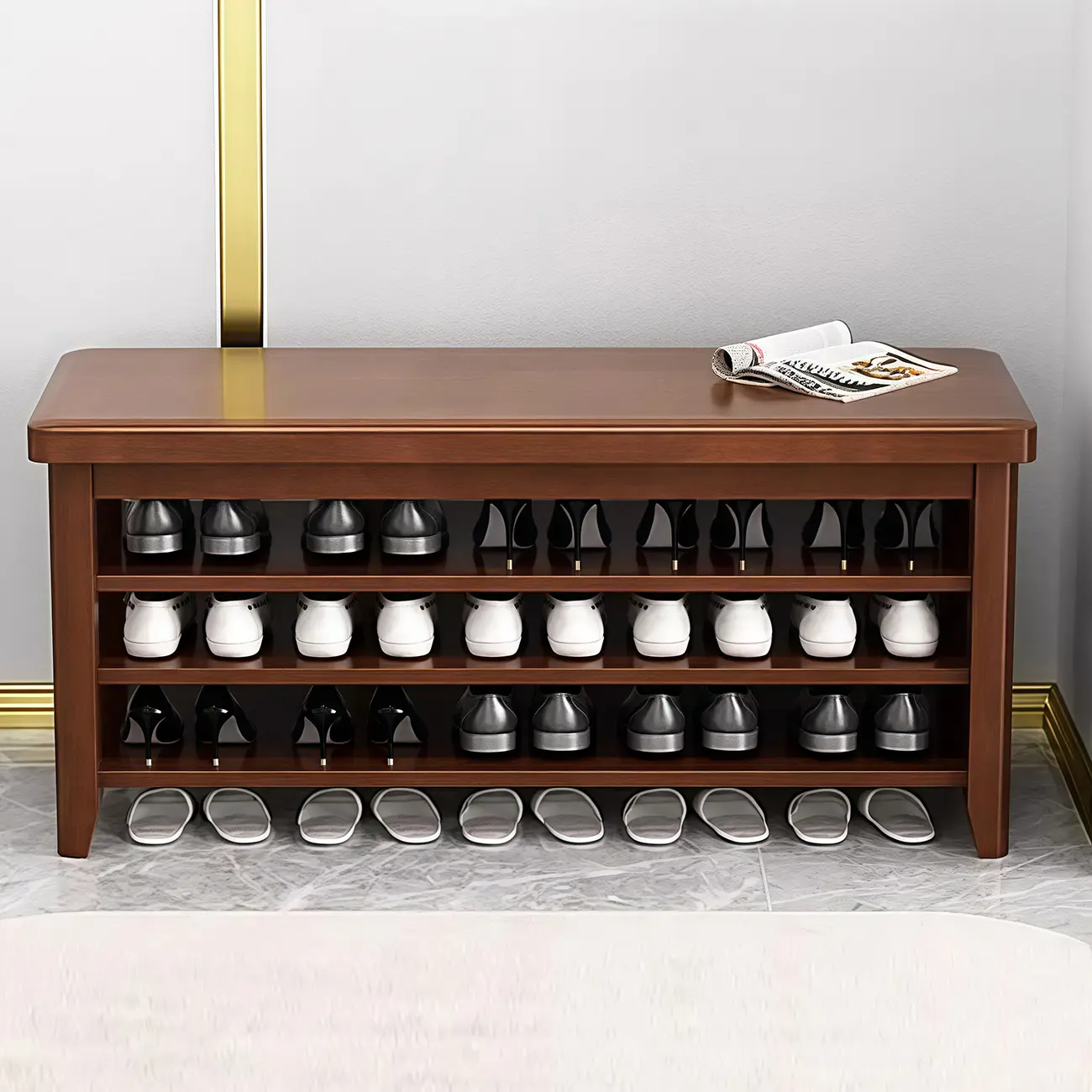 Scandinavian Rectangular Wood Entryway Shoe Bench with Shelf Image - 2 | homeyfad