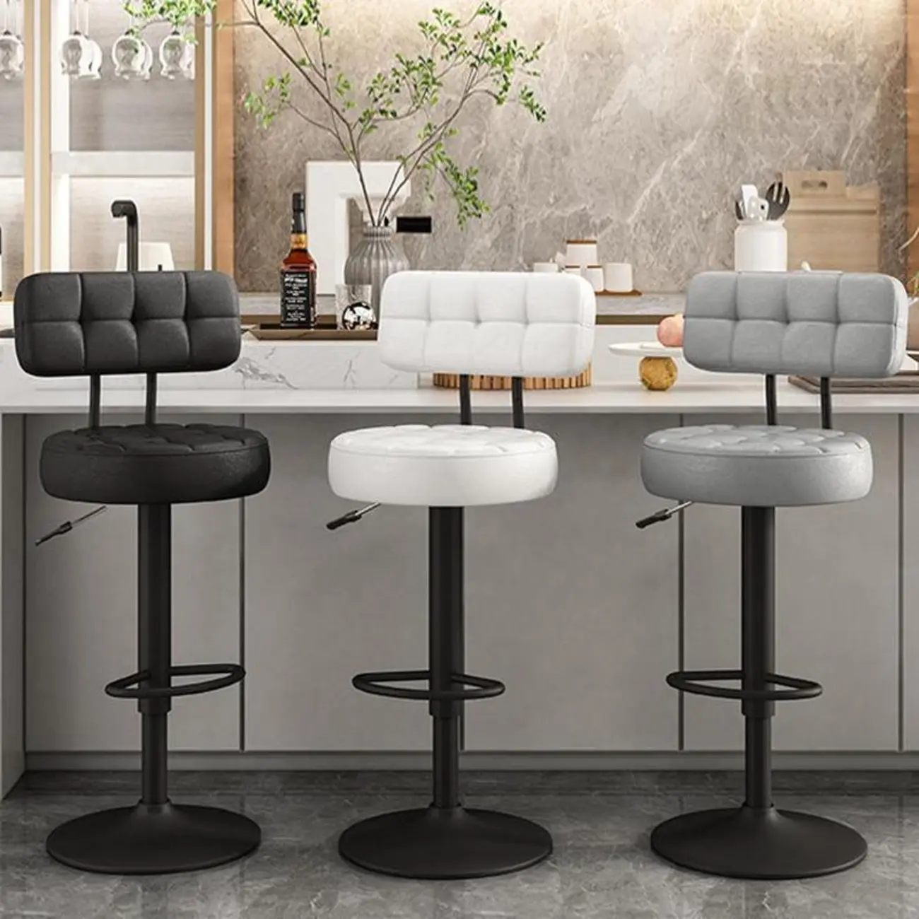Stylish Upholstered Swivel Bar Stools with Backrest for Kitchen Image - 1 | homeyfad