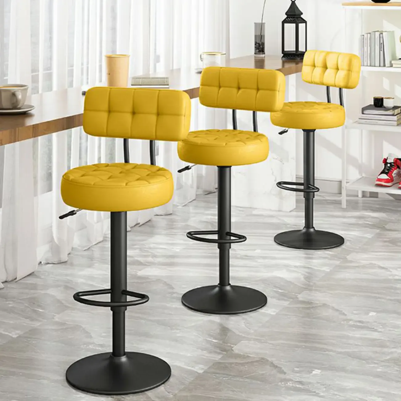 Stylish Upholstered Swivel Bar Stools with Backrest for Kitchen Image - 14