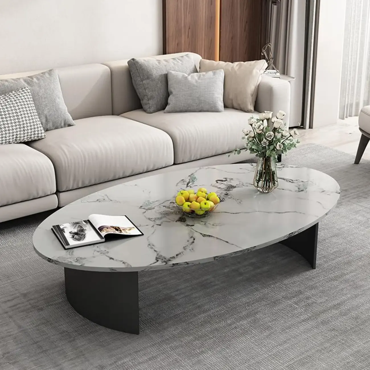 Oval Stone Top Scratch Resistant Iron Base Coffee Table Image - 1