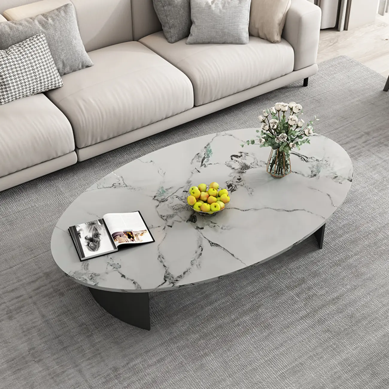 Oval Stone Top Scratch Resistant Iron Base Coffee Table Image - 2 | homeyfad