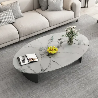 Oval Stone Top Scratch Resistant Iron Base Coffee Table Image - 2