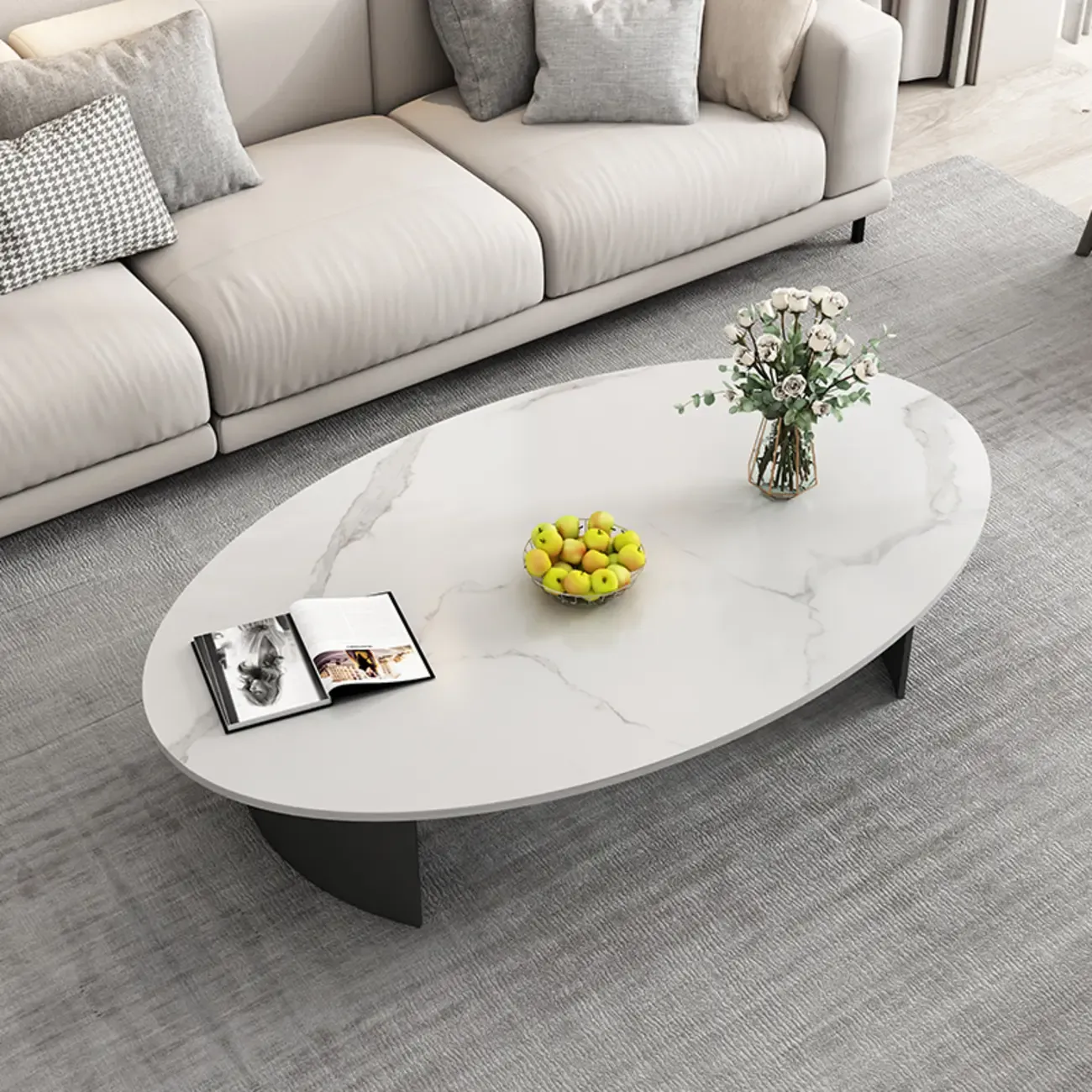 Oval Stone Top Scratch Resistant Iron Base Coffee Table Image - 3