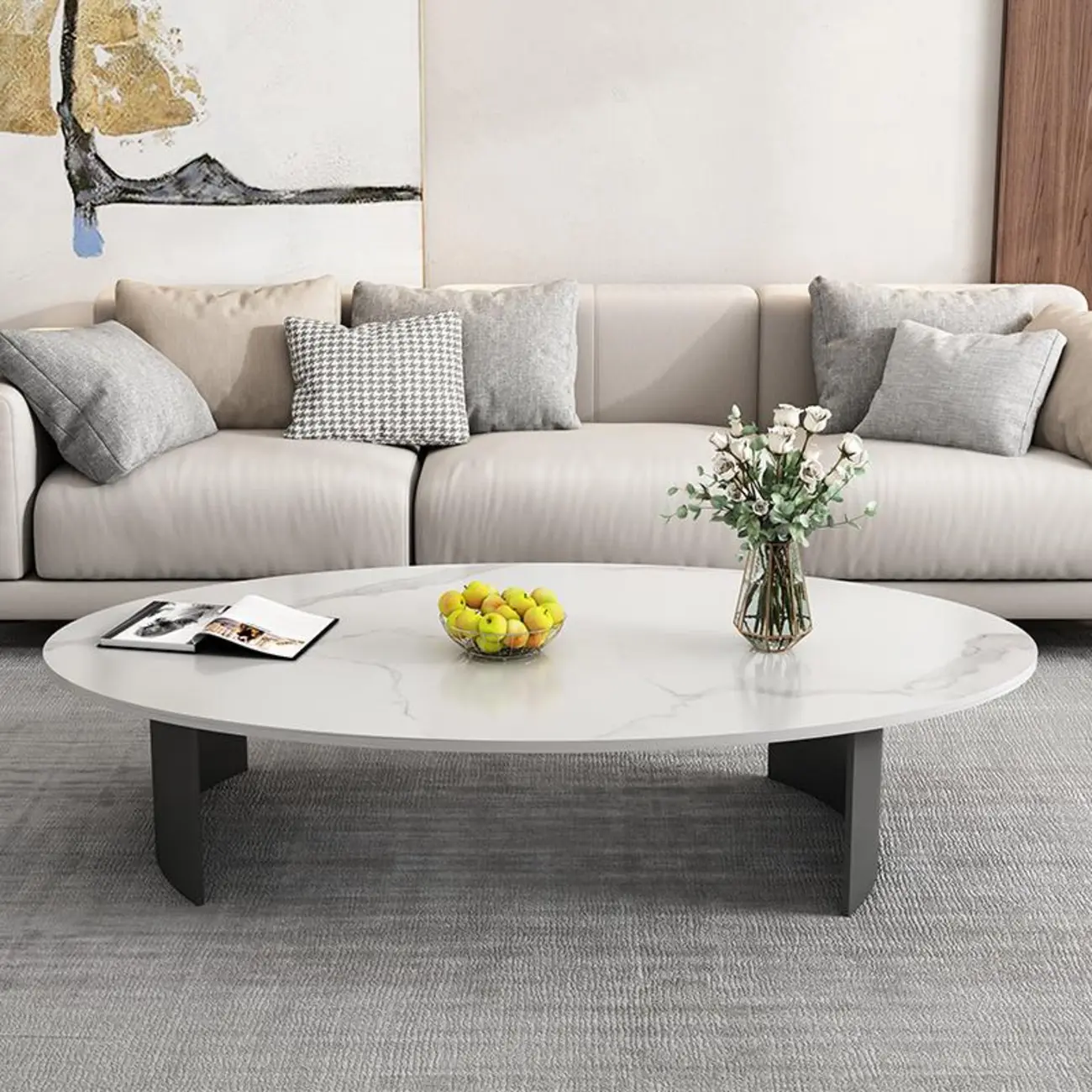 Oval Stone Top Scratch Resistant Iron Base Coffee Table Image - 4 | homeyfad