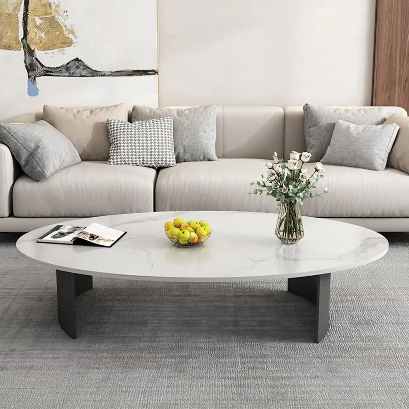 Oval Stone Top Scratch Resistant Iron Base Coffee Table Image - 4