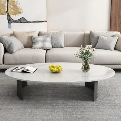 Oval Stone Top Scratch Resistant Iron Base Coffee Table Image - 4