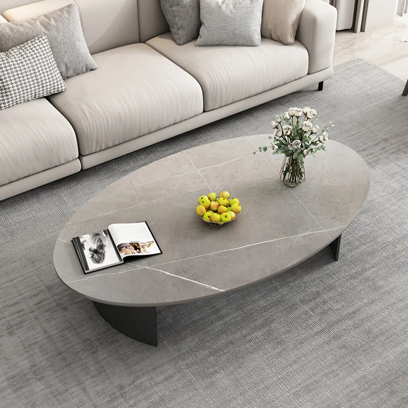 Oval Stone Top Scratch Resistant Iron Base Coffee Table Image - 5 | homeyfad