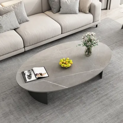Oval Stone Top Scratch Resistant Iron Base Coffee Table Image - 5