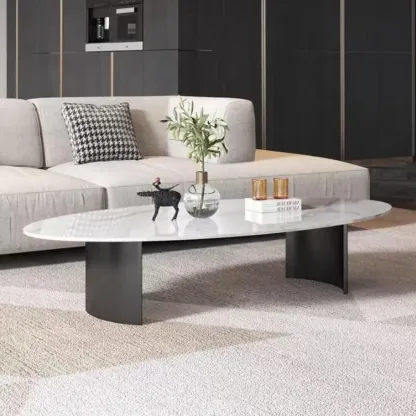 Oval Stone Top Scratch Resistant Iron Base Coffee Table Image - 6