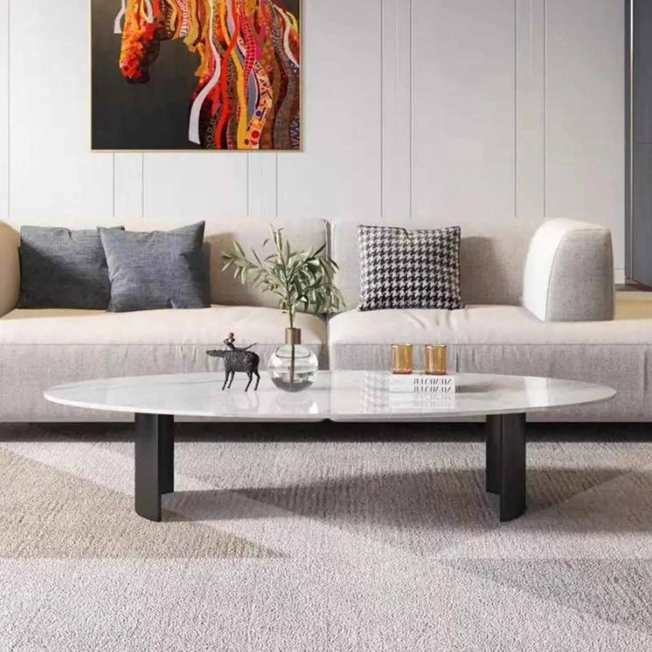 Oval Stone Top Scratch Resistant Iron Base Coffee Table Image - 7 | homeyfad