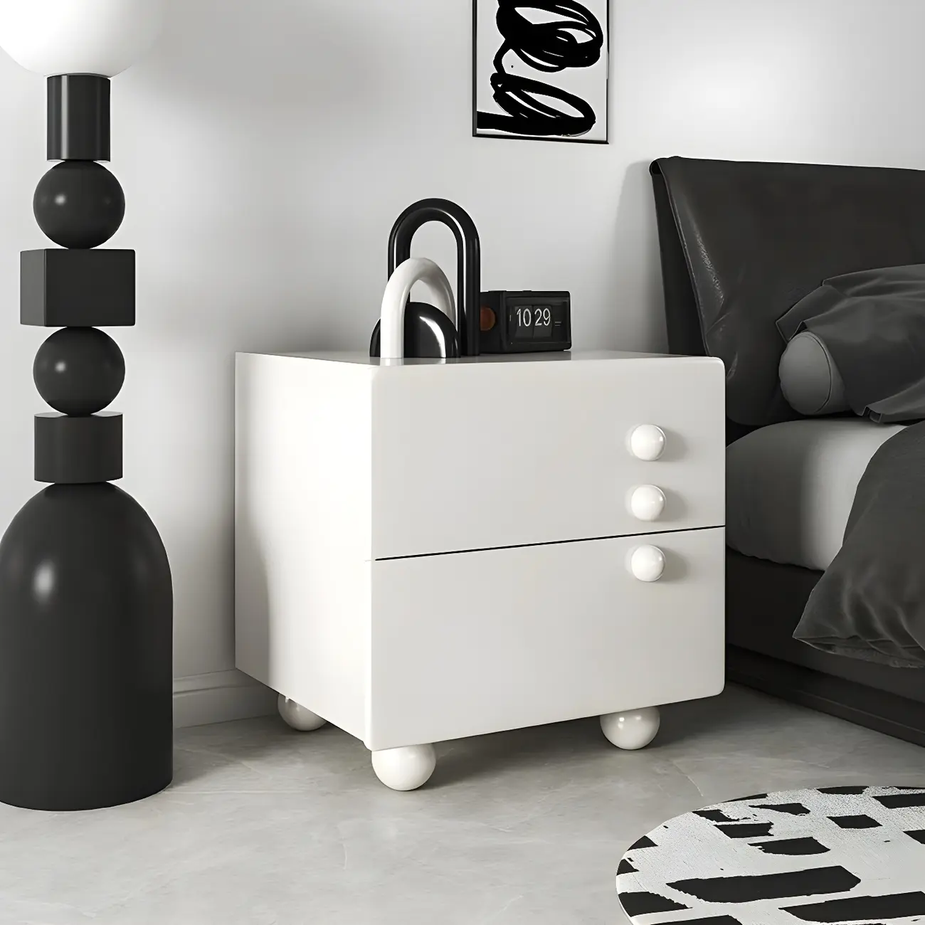 White Wood High-Gloss 2-Drawer Nightstand with Sphere Legs Image - 1 | homeyfad