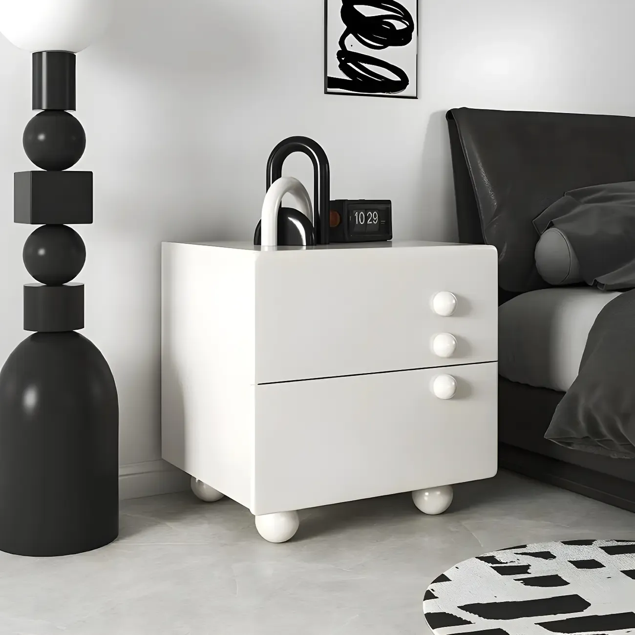White Wood High-Gloss 2-Drawer Nightstand with Sphere Legs Image - 1