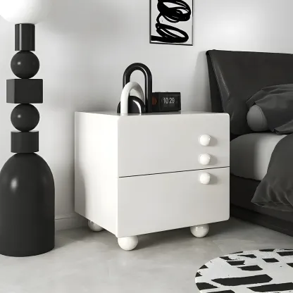 White Wood High-Gloss 2-Drawer Nightstand with Sphere Legs Image - 1