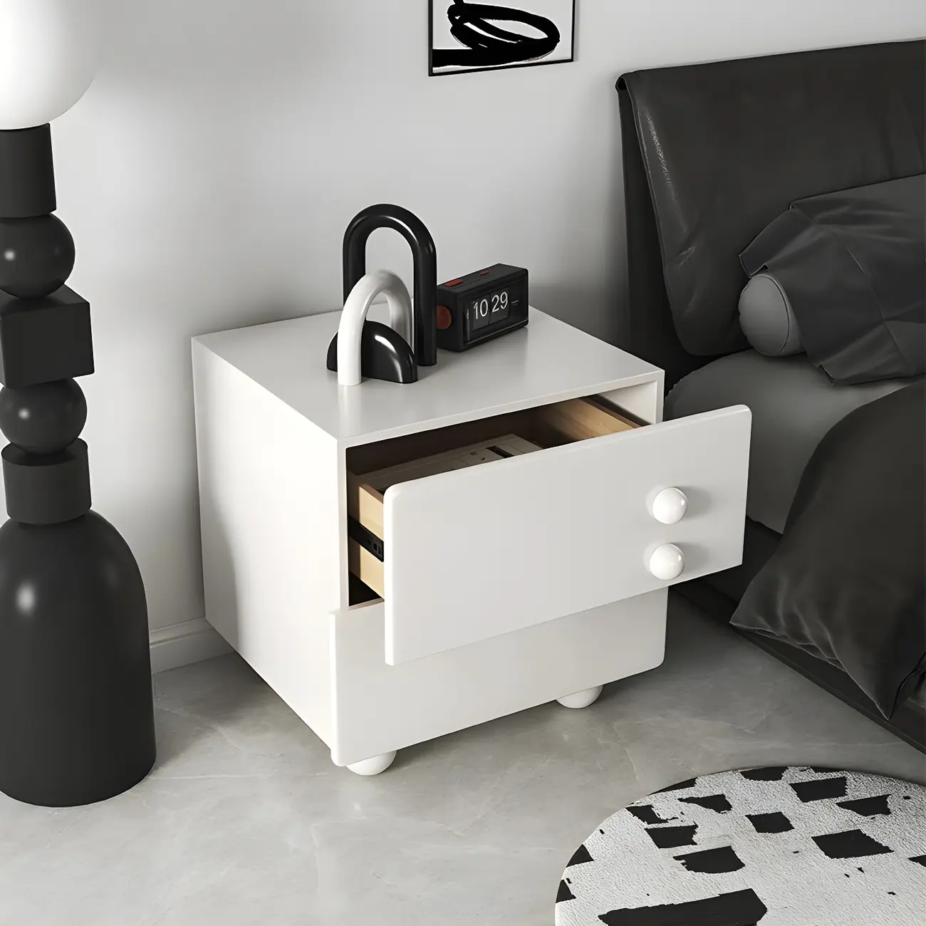 White Wood High-Gloss 2-Drawer Nightstand with Sphere Legs Image - 2 | homeyfad