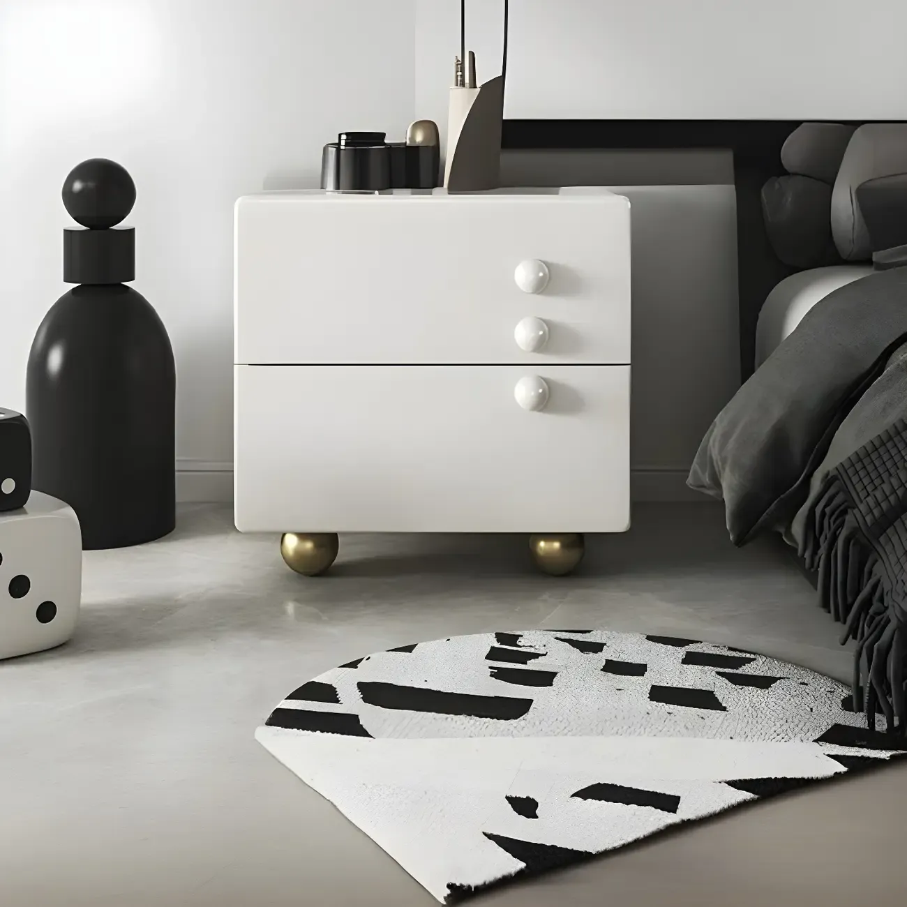 White Wood High-Gloss 2-Drawer Nightstand with Sphere Legs Image - 3