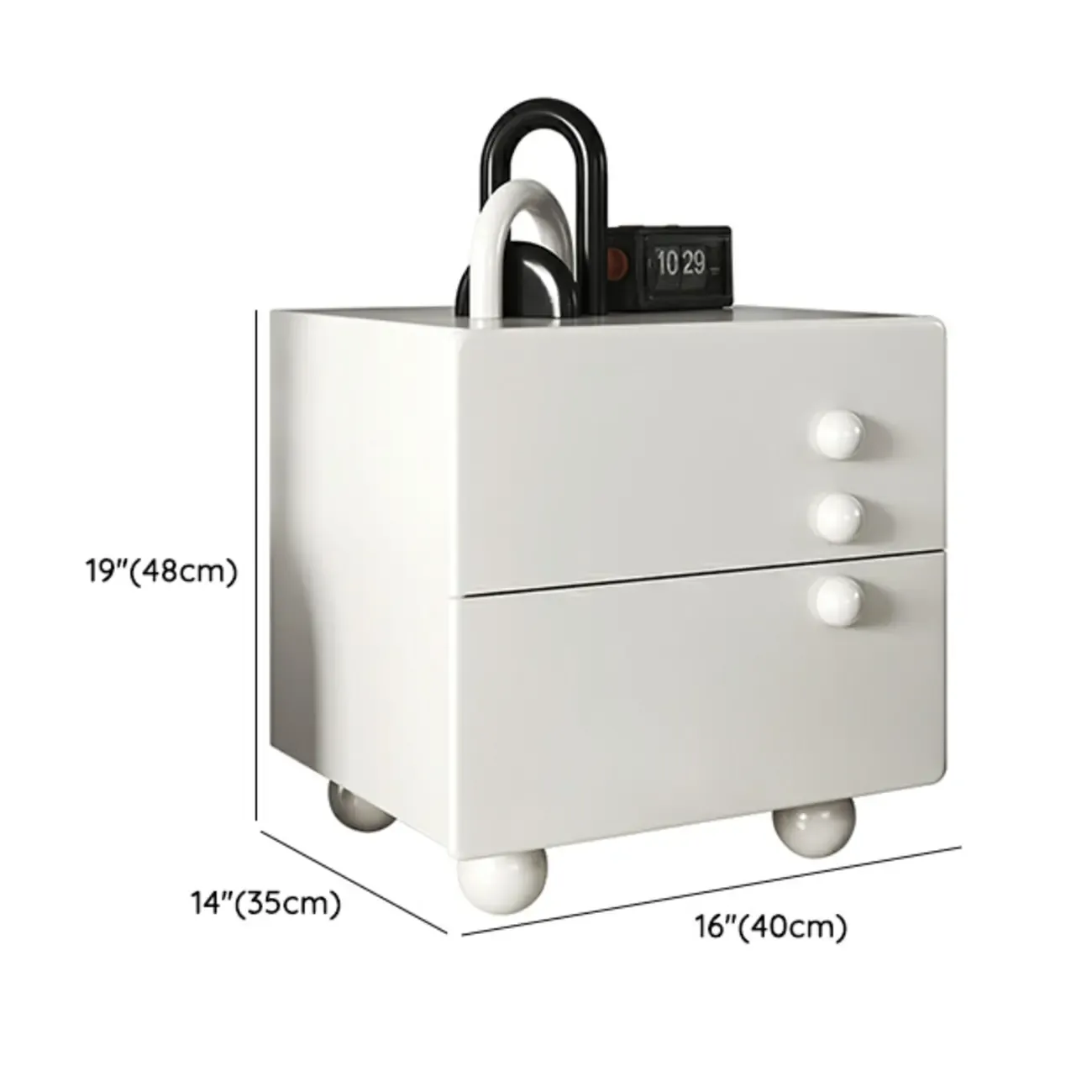 White Wood High-Gloss 2-Drawer Nightstand with Sphere Legs #size