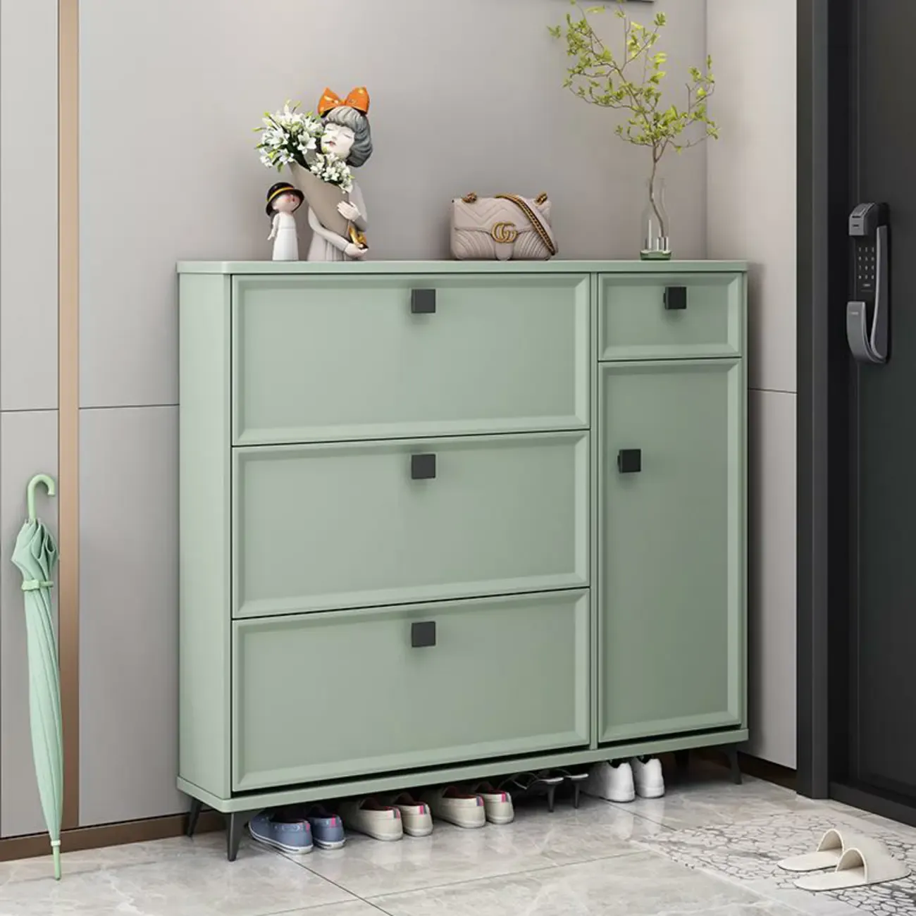 Contemporary Green Wood Shoe Cabinet for Entryway Image - 1