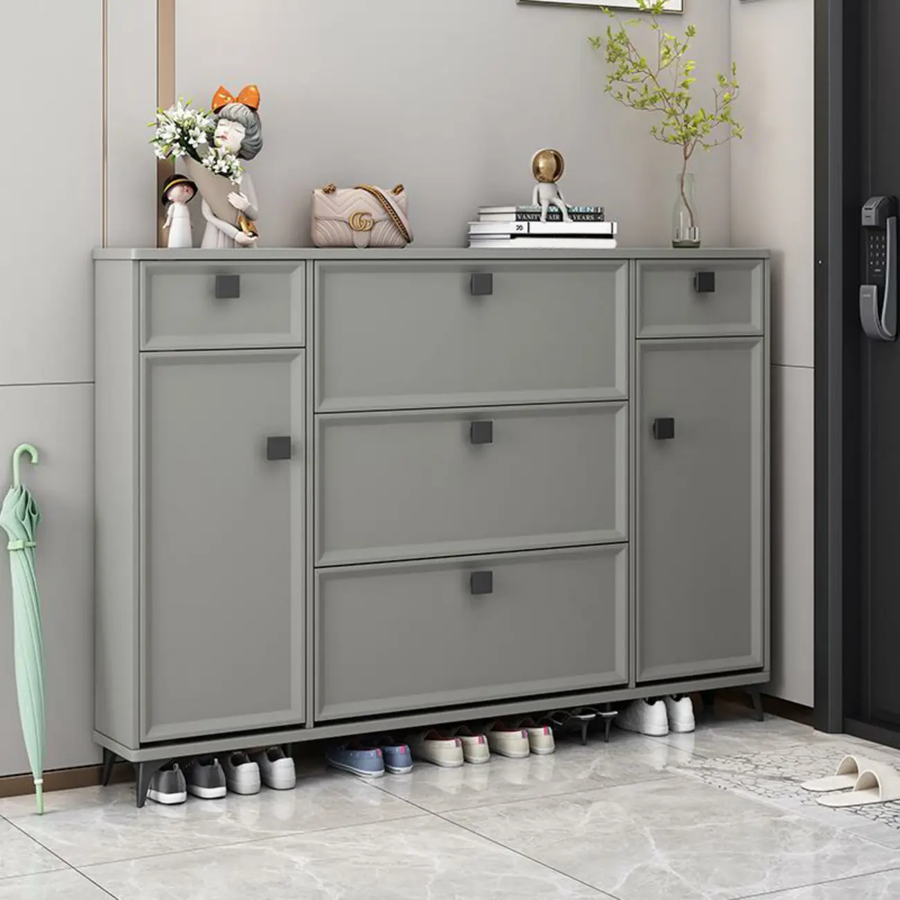 Contemporary Green Wood Shoe Cabinet for Entryway Image - 5 | homeyfad