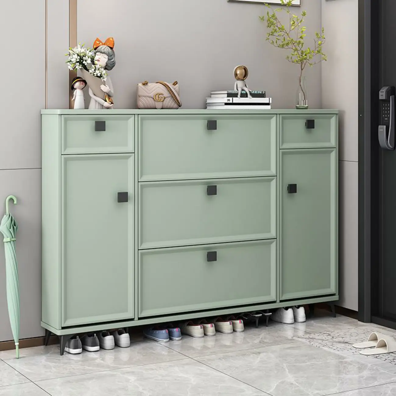 Contemporary Green Wood Shoe Cabinet for Entryway Image - 7 | homeyfad