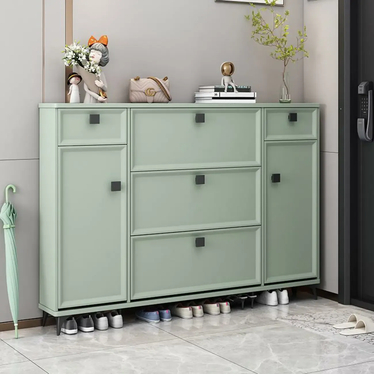 Contemporary Green Wood Shoe Cabinet for Entryway Image - 7