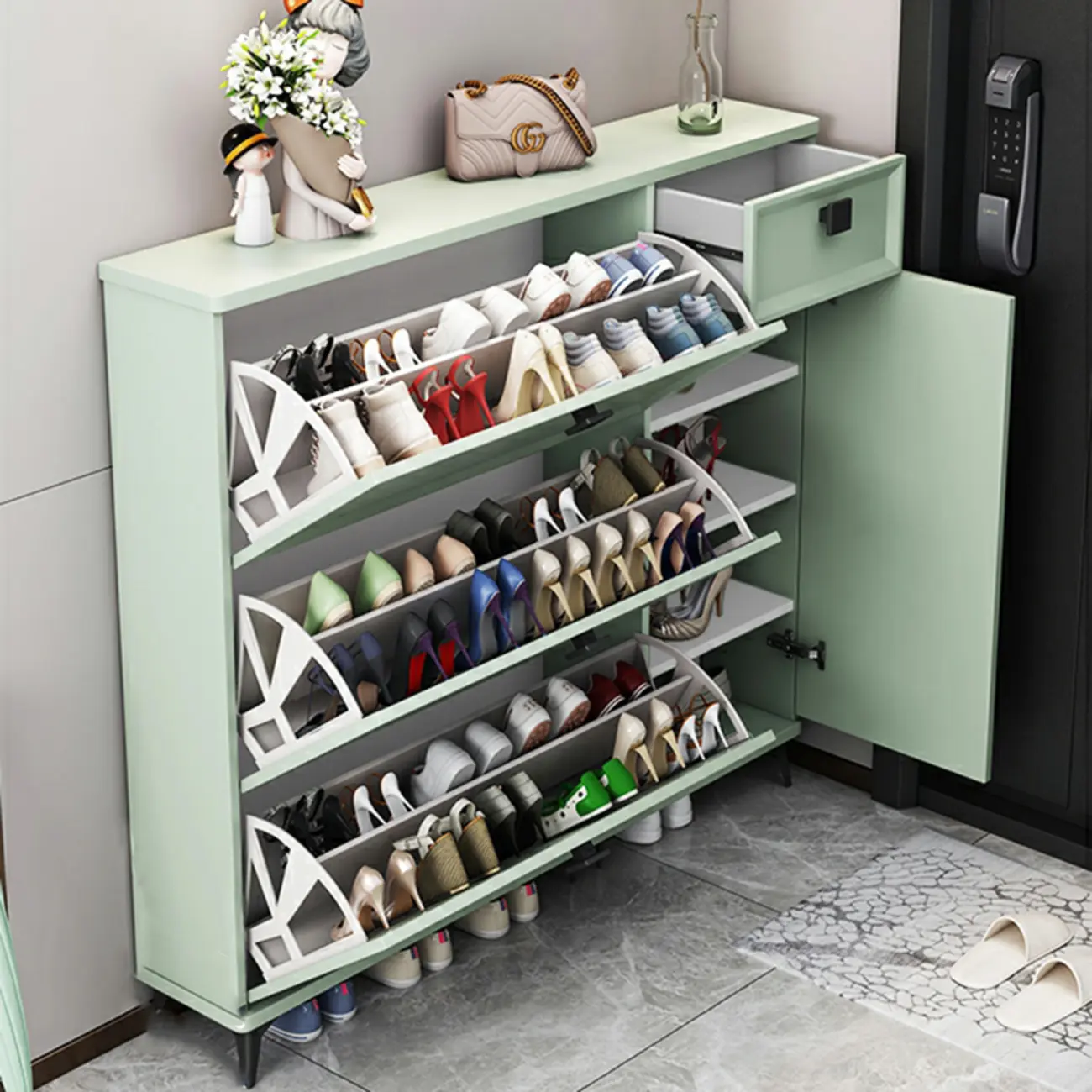Contemporary Green Wood Shoe Cabinet for Entryway Image - 2 | homeyfad