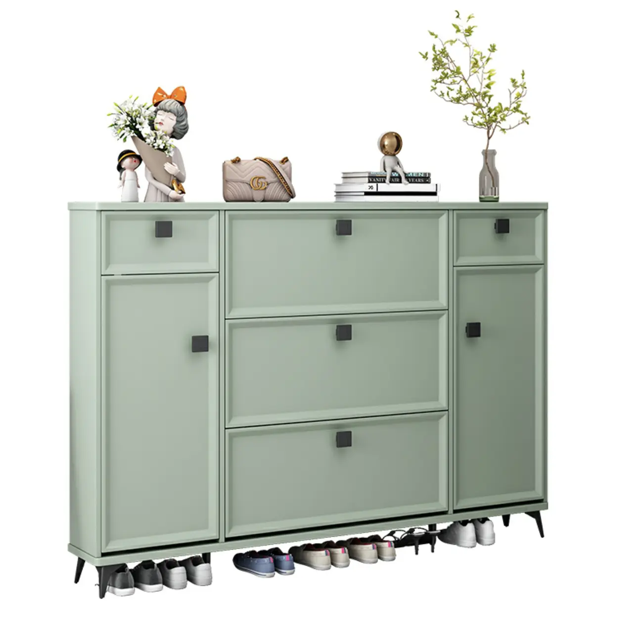 Contemporary Green Wood Shoe Cabinet for Entryway Image - 9 | homeyfad