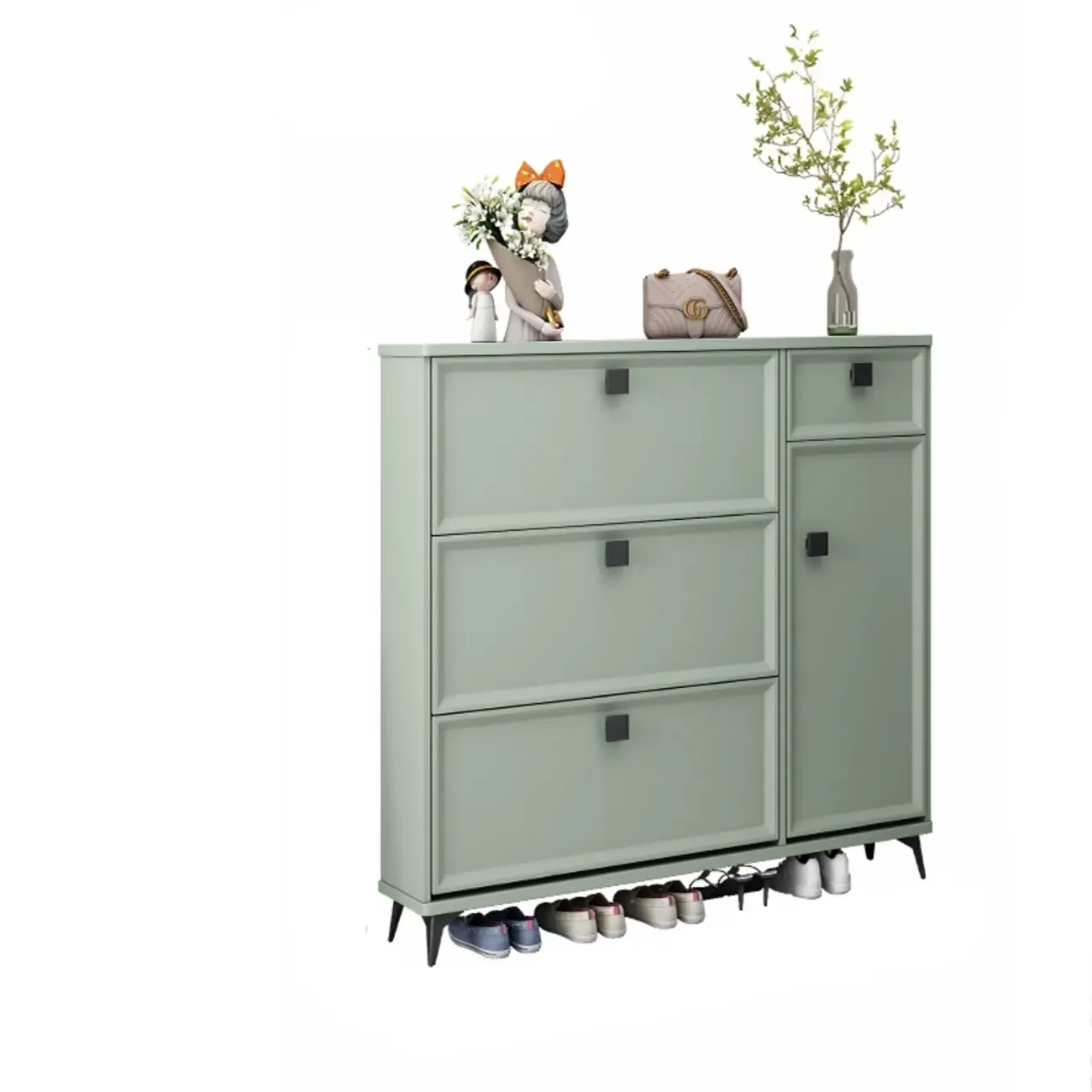 Contemporary Green Wood Shoe Cabinet for Entryway Image - 10