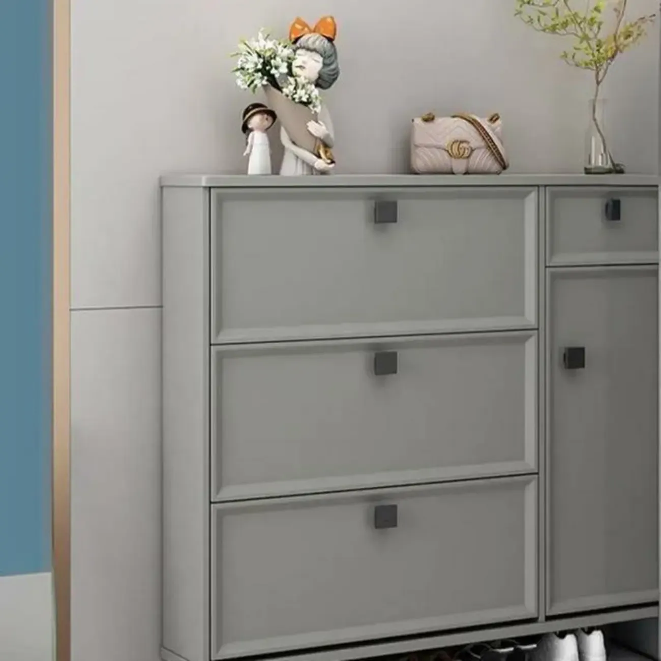 Contemporary Green Wood Shoe Cabinet for Entryway Image - 15