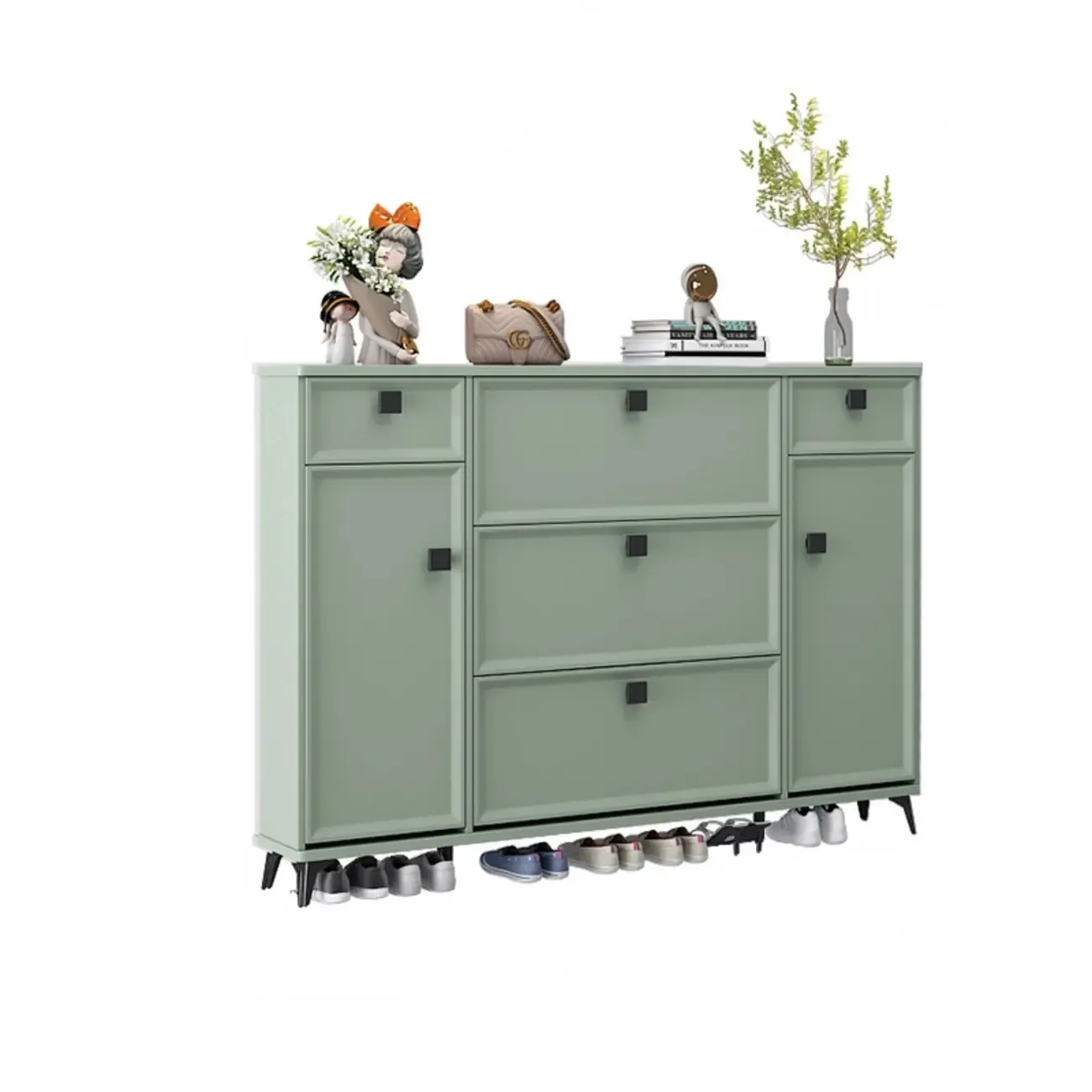 Contemporary Green Wood Shoe Cabinet for Entryway Image - 17