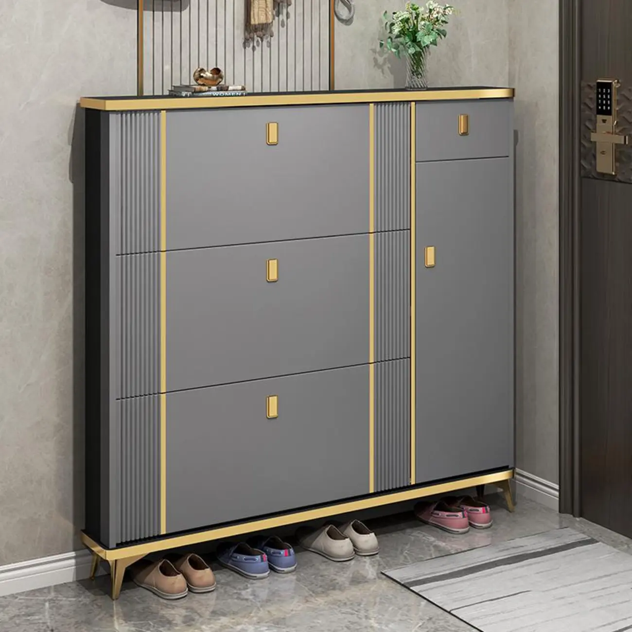 Large Entryway Grey Wooden Shoe Storage with Gold Trim Image - 1 | homeyfad