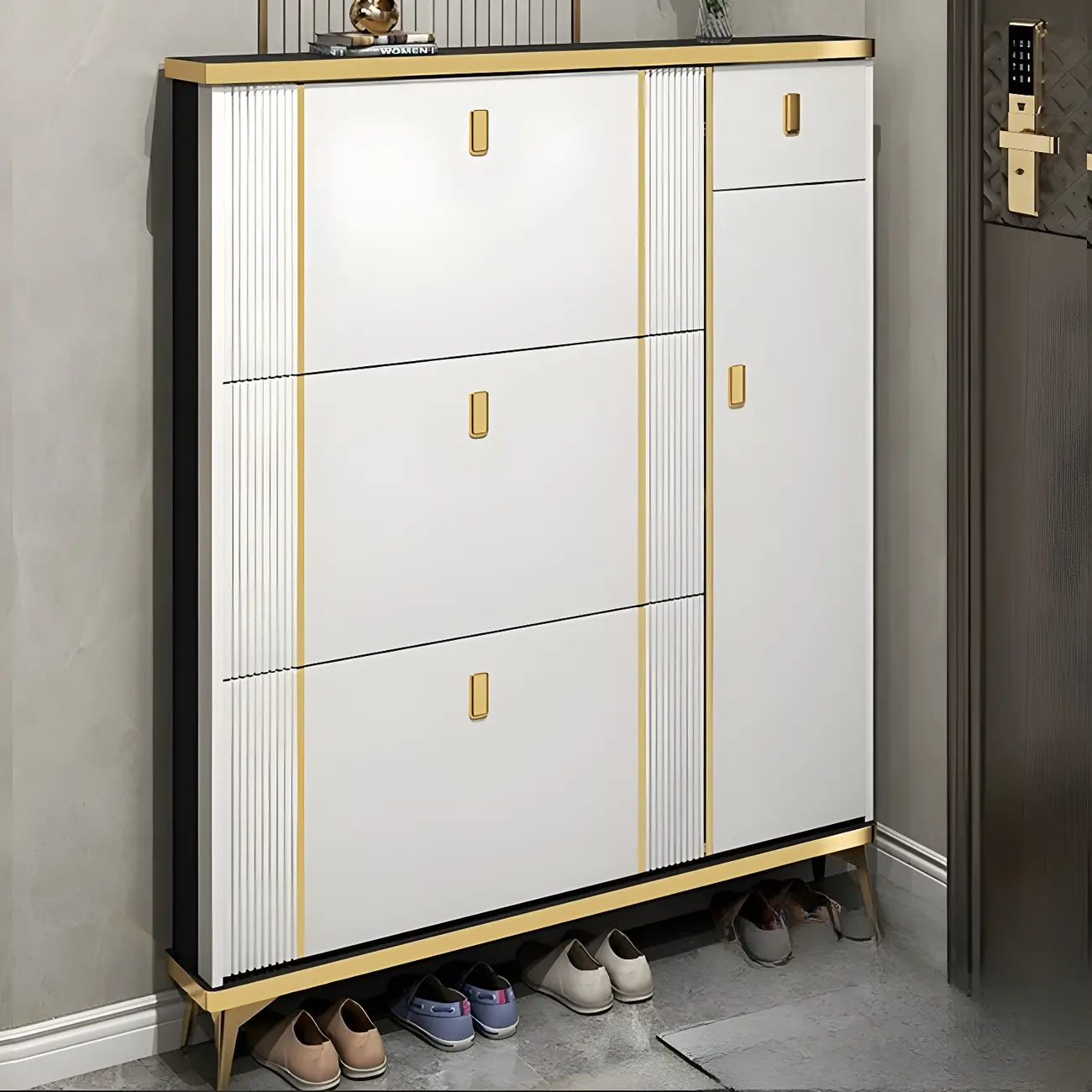 Large Entryway Grey Wooden Shoe Storage with Gold Trim Image - 2 | homeyfad