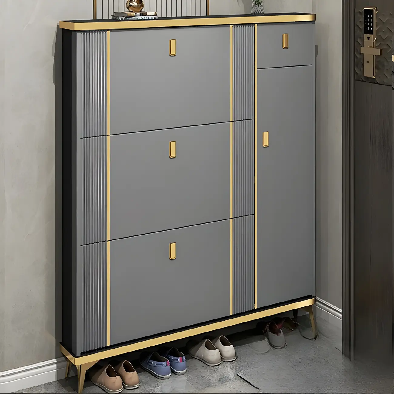 Large Entryway Grey Wooden Shoe Storage with Gold Trim Image - 3 | homeyfad