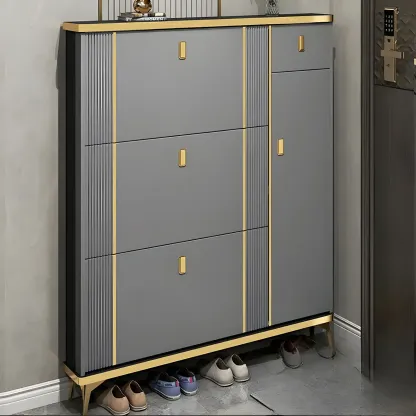 Large Entryway Grey Wooden Shoe Storage with Gold Trim Image - 3