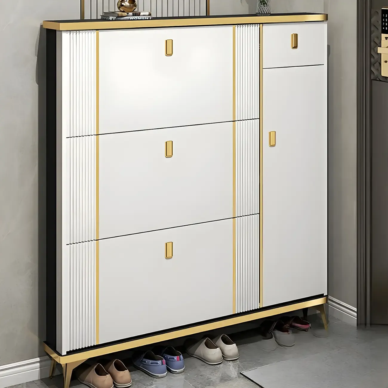 Large Entryway Grey Wooden Shoe Storage with Gold Trim Image - 5