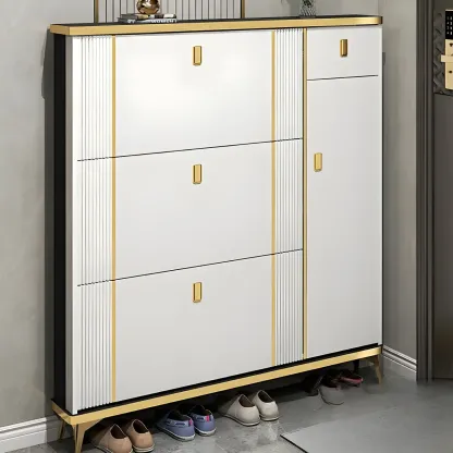 Large Entryway Grey Wooden Shoe Storage with Gold Trim Image - 5